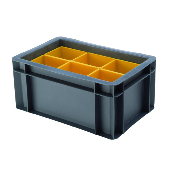 Euro-Format Stacking Container TK 300/145-B with 6 Insert Bins, Dim. 145x300x200 mm (HxWxD), closed walls - bottom, 13 Litre, Mat.: Polypropylene