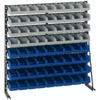 Sichtkasten-Ständerregal NP 8, lackiert inRAL 9011, tiefschwarz, mit 72 Sichtlagerboxen aus PP, Typ PLK 4 in blau und grau (8 Reihen zu je 9 Kästen) RAL 9011, tiefschwarz