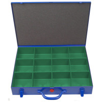 Stahlbech-Sortimentskoffer, blau, mit 12 Kunststoff-Einsatzkästen 108x108x63 mm in rot, blau, grün, gelb oder grau