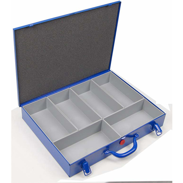 Stahlbech-Sortimentskoffer, blau, mit 6 Kunststoff-Einsatzkästen 216x108x63 mm, Farbe grau