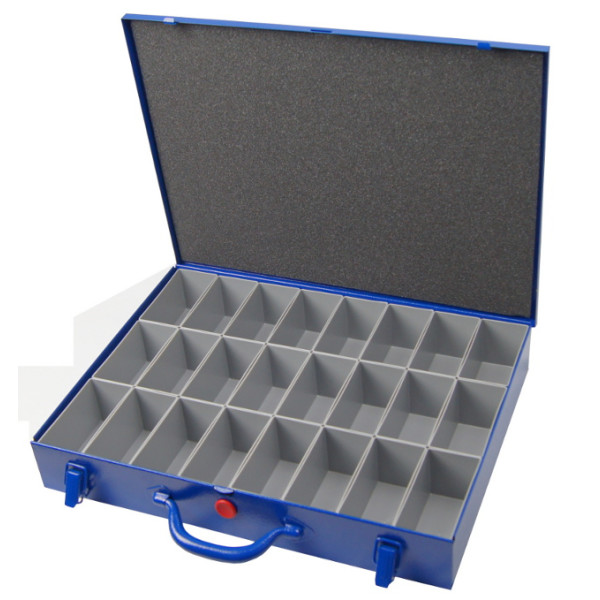 Stahlbech-Sortimentskoffer, blau, mit 24 Kunststoff-Einsatzkästen 108x54x63 mm in rot, blau, grün, gelb oder grau
