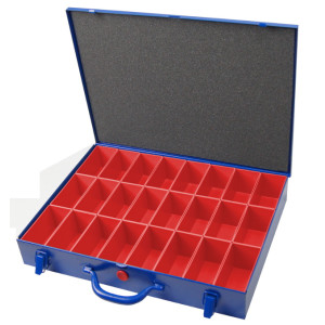 Stahlbech-Sortimentskoffer, blau, mit 24 Kunststoff-Einsatzkästen 108x54x63 mm in rot
