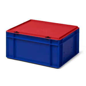Bi-Color-Design Stapelbox BICO 4175, blau, mit Verschlussdeckel, rot, 400x300x186 mm (LxBxH), 15 Liter, aus PP
