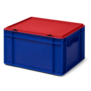 Bi-Color-Design Stapelbox BICO 4210, blau, mit Verschlussdeckel, rot, 400x300x221 mm (LxBxH), 19 Liter, aus PP
