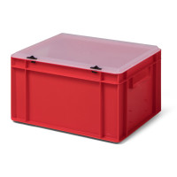Bi-Color-Design Stapelbox BICO 4210, rot, mit Verschlussdeckel, transparent, 400x300x221 mm (LxBxH), 19 Liter, aus PP