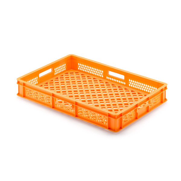 XL-Stapelbox 650x450x100 mm LxBxH, Wände+Boden druchbrochen,mit 4 Grifföffnungen, aus PE, Farbe gelb-orange
