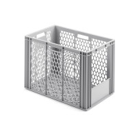 Perfo-Stapelbox Sichtlagerkasten 600x400x420 mm, Wände+Boden durchbrochen, aus HD-PE, tiefkühlfähig, Volumen 84 l, grau